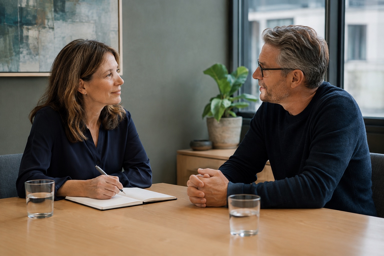 Due professionisti in ascolto durante una conversazione di coaching